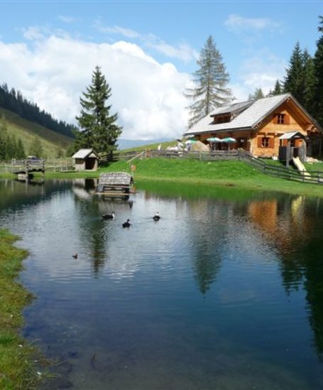 Stangl Alm - Hütte mit Teich | © Stangl Alm