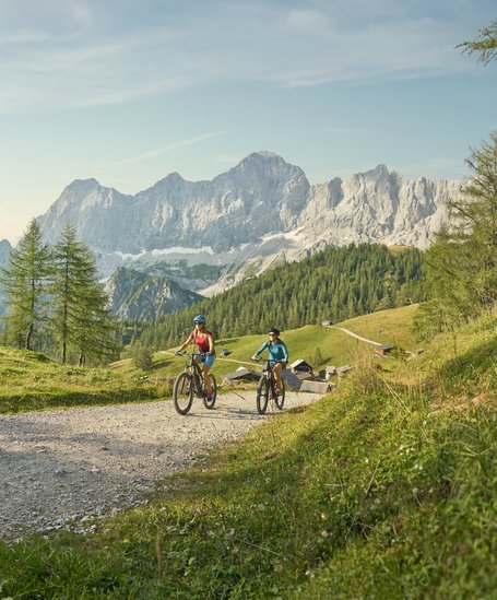 Zwei E-Biker mit dem Dachsteinmassiv im Hintergrund | © Peter Burgstaller