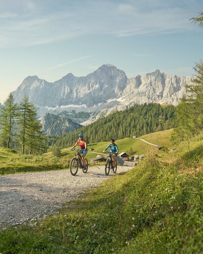 Zwei E-Biker mit dem Dachsteinmassiv im Hintergrund | © Peter Burgstaller