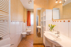 Badezimmer mit Bergblick, Dusche, WC, Fön