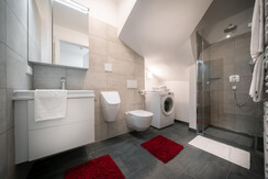 Badezimmer mit Regendusche,Waschmaschine & Pissoir