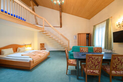 Mansard with open fireplace and couch